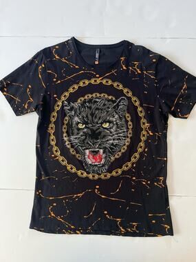 TR Premium Shirt Mens XL Black Rhinestone Panther Chain Splatter Graphic Tee